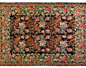 6.8x9.6 feet,Antique wool floral black area rug,Moldavia kilim rug,Bessarabian Floral Rug,