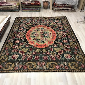 7.9 x 9.10 feet, Handmade Vintage  Floral Black Rug, Antique Caucasian Flat Weave Kilim Rug, Vintage Wool Bessarabian Handwoven Rug