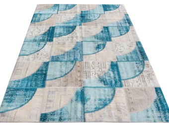 blue gray antique patchwork rug, contemporary turkish wool patchwork rug, home decor, 5.5x7.8 ft