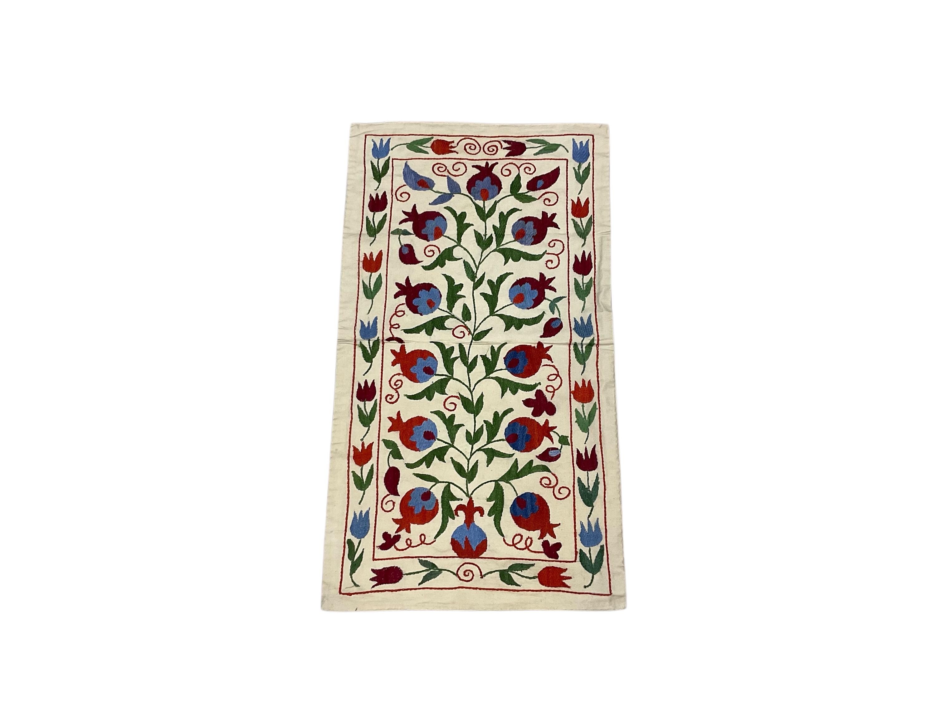Handmade Silk Suzani Table Runner, Throw Runner, Suzani Wall Hanging, Vintage Tapestry, Unique Ethnic Wall Decor, 50 x 90