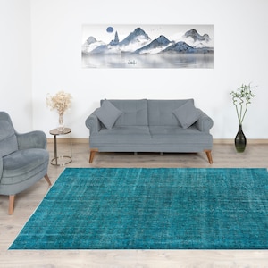 6x9 Blue Overdyed Rug, Blue Floral Distressed Rug, Hand Knotted Wool Rug, Turkish Area Rug, Oushak Rug, 5.5x9.1 ft