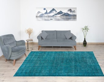 ヴィンテージのオーバーダイ加工を施したブルーのトルコ絨毯、手織り