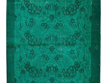 4x7 Turkish Vintage Over-Dyed Teal Rug, Green Wool Rug with Floral Pattern
