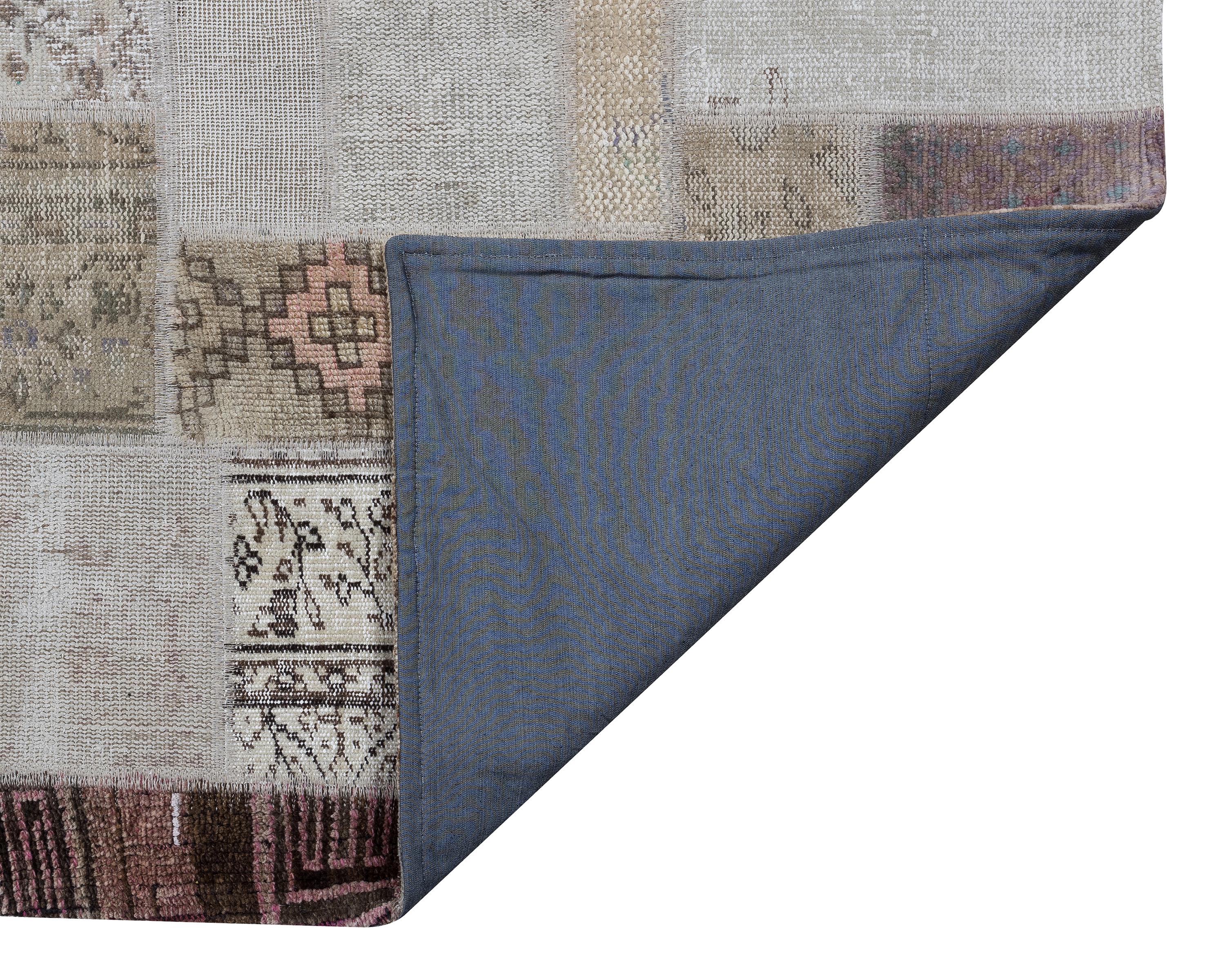 幾何学模様のパッチワークウールラグ：手織りのヴィンテージトルコラグ