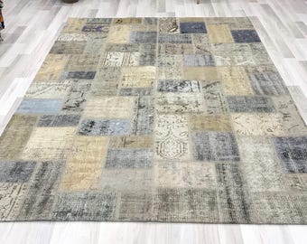 Handmade Patchwork Turkish Rug: 6x8 Gray Blue Wool Rug