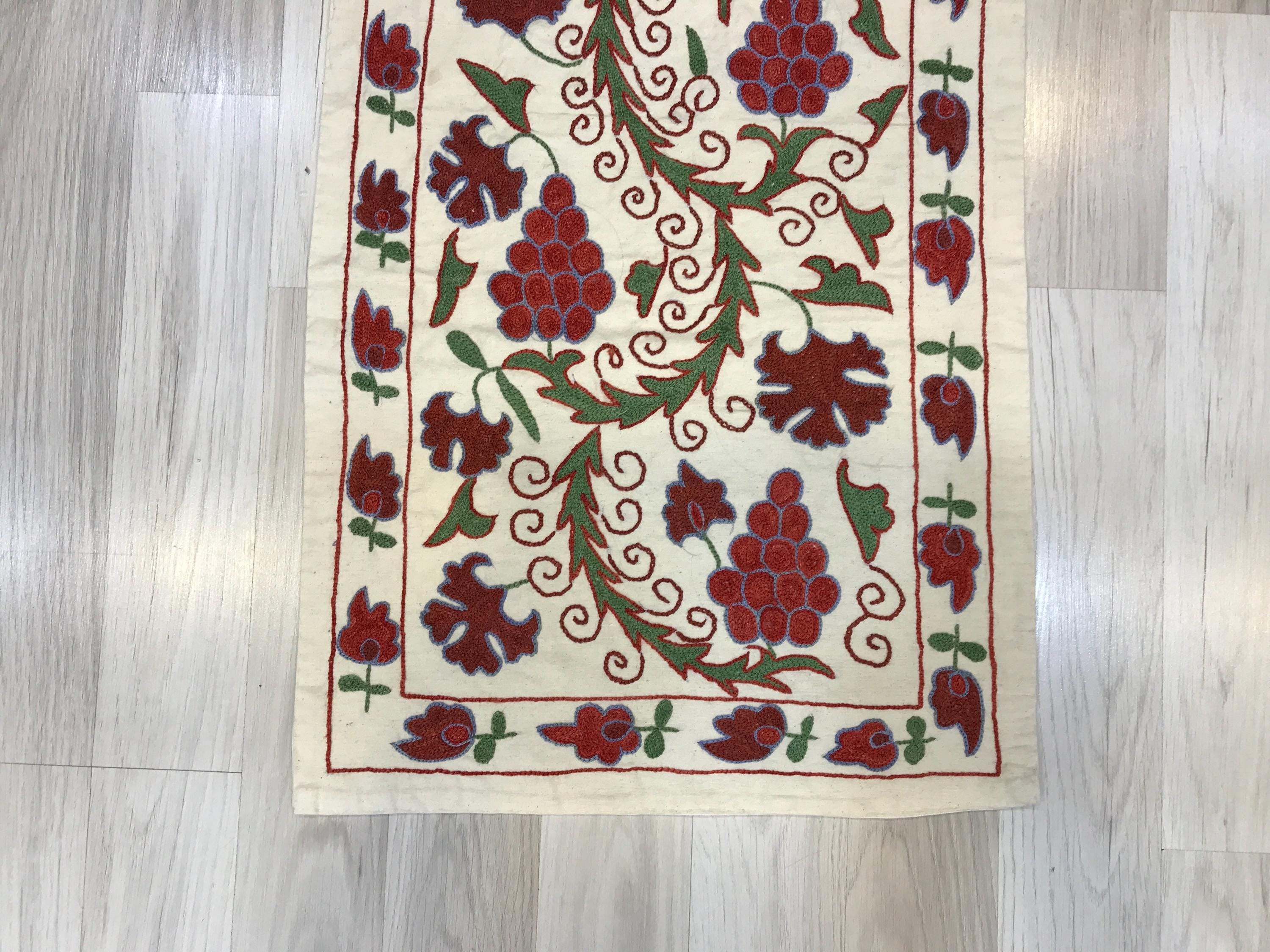 table runner 「唐織大華紋」帯リメイク　正絹　長尺 Grapes Suzani Table Runner: Hand Embroidered Uzbek Silk Wall Decor