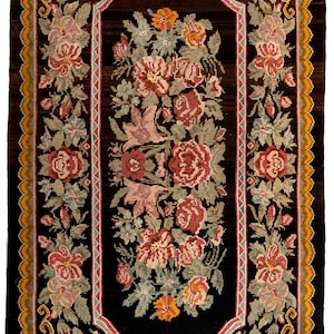 5.7x9.9 ft,Floral Black Rug, Antique Caucasian Flat Weave Kilim Rug,  Vintage Wool Bessarabian Handwoven Rug