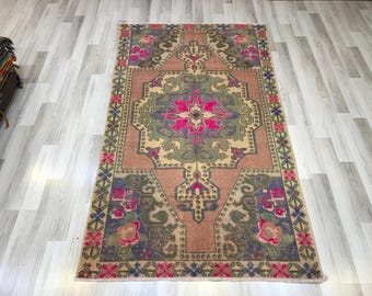 Vintage Wool Turkish Rug, Distressed Boho Area Rug (4.4 x 7.5 feet)