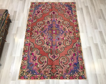 Handgeknüpfter Vintage Wolle Türkischer Teppich, Beunruhigt Boho Bereich Teppich