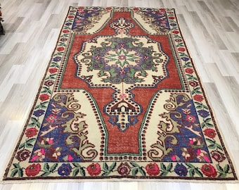 Turkish Wool Rug, Distressed Boho Area Rug, Handmade Carpet, (4.4 x 7.5 feet)