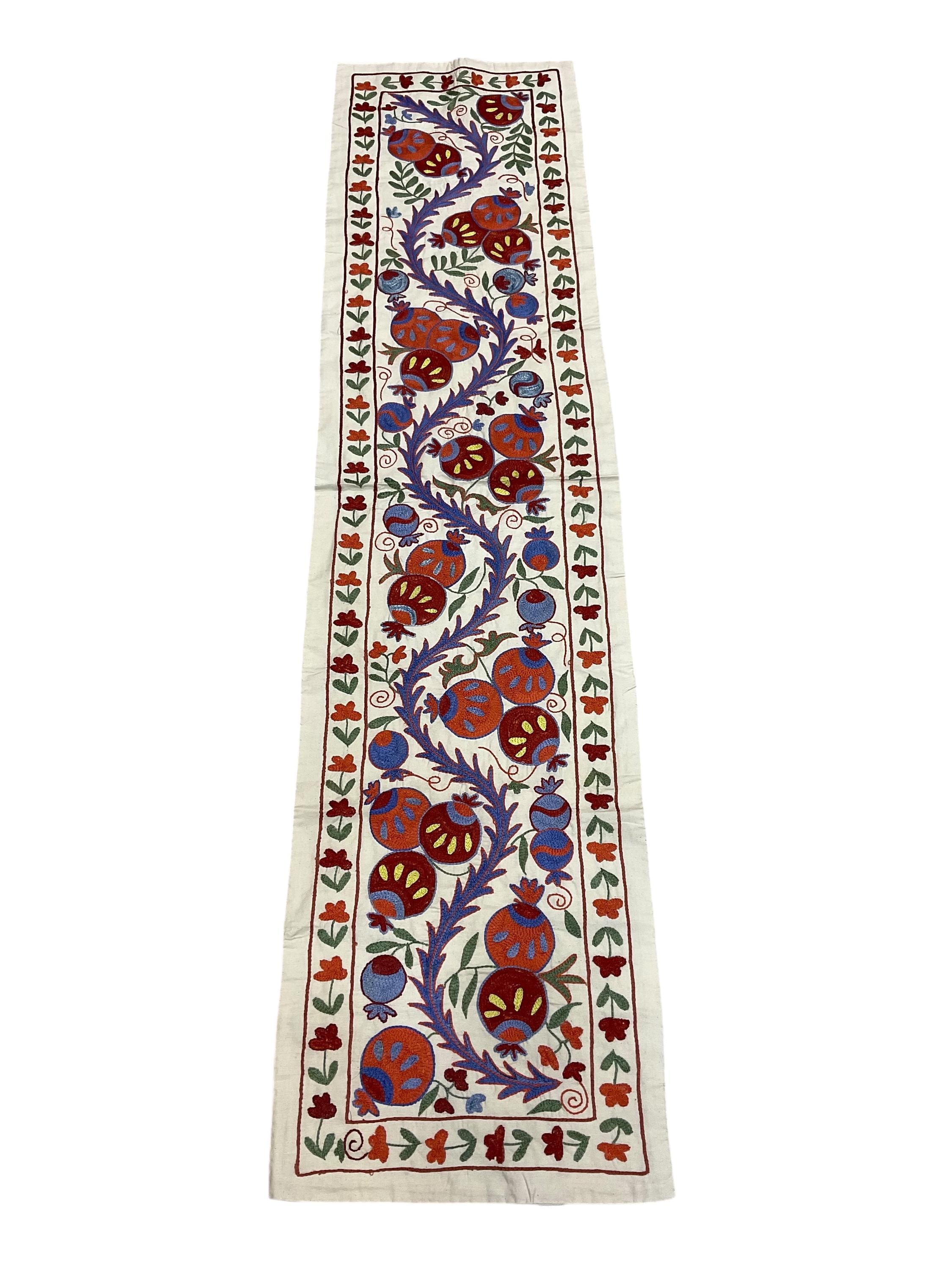 Hand Embroidered Pomegranate Table Runner: Uzbek Silk Suzani (50 X