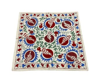 Square Size Hand Embroidered Tablecloth, Uzbek Silk Suzani, Silk Table Cover, Silk Wall Decor, 90 x 90