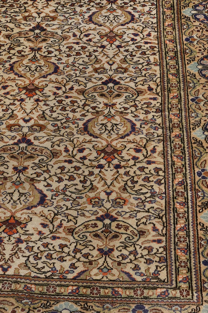 K&ouml;nnte beinhalten: Ein beiger Teppich mit einem detaillierten floralen Muster in Braun-, Blau- und Rott&ouml;nen. Der Teppich hat einen Rand mit einem sich wiederholenden geometrischen Muster.