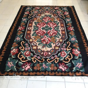 7x 10 feet, Handmade Vintage  Floral Black Rug, Antique Caucasian Flat Weave Kilim Rug, Vintage Wool Bessarabian Handwoven Rug