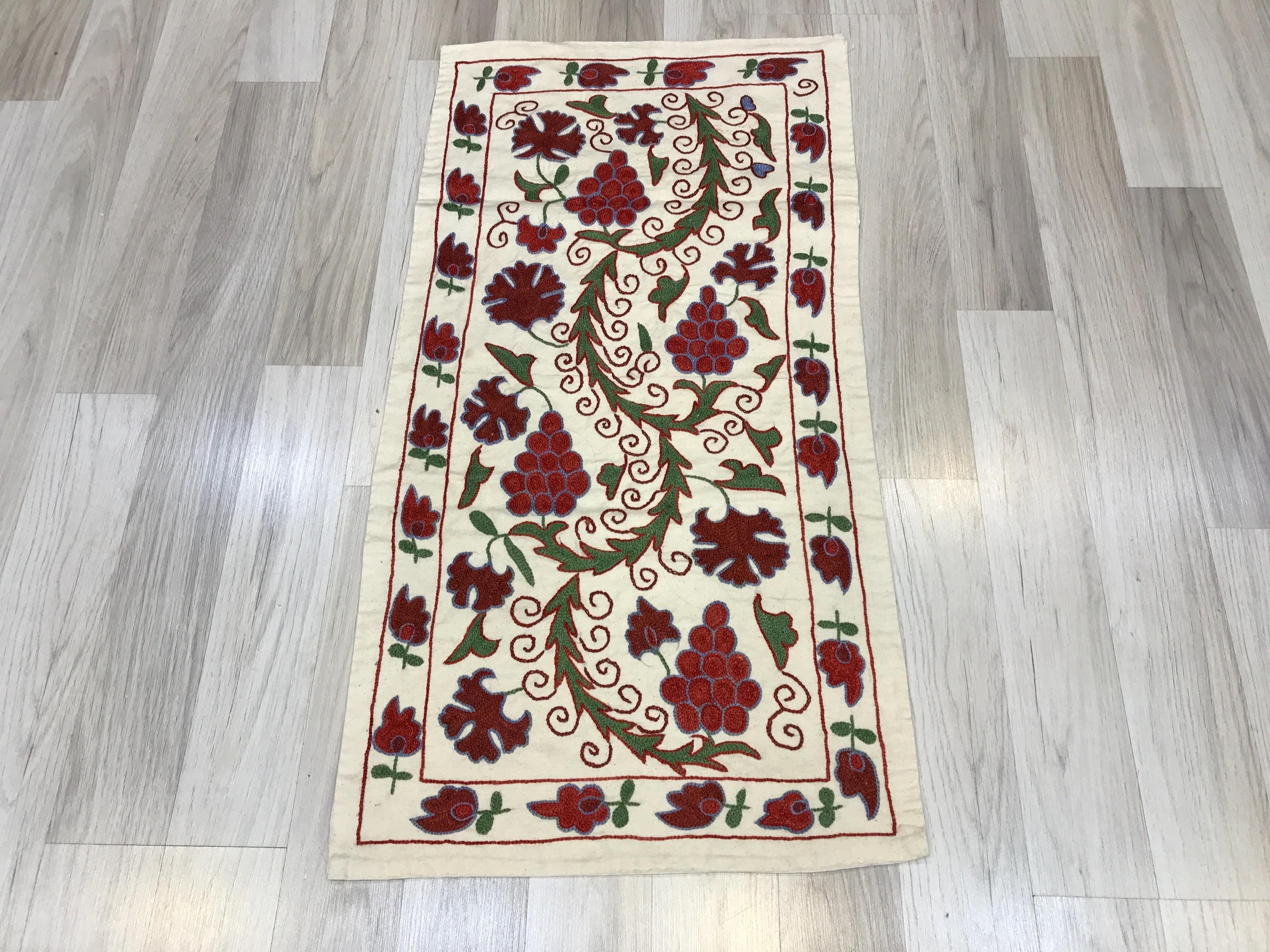 Grapes Suzani Table Runner: Hand Embroidered Uzbek Silk Wall Decor