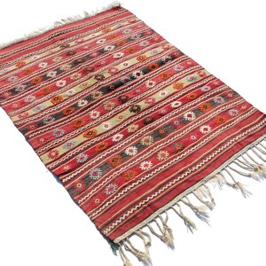 3x5 Small Area Rug, Vintage Turkish Striped Kilim, Wool Rug, 4.7x3.6 ft, Hand Knotted, Merino Sheep Wool Rug, Natural Dyed Anatolian Carpet