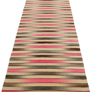 Alfombra Kilim turca anudada a mano: lana ikat rosa y marrón (1,0 x 2,9 m)