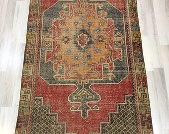 Hand Knotted Wool Turkish Runner Rug, Distressed Boho Area Rug (4 x 9 feet)