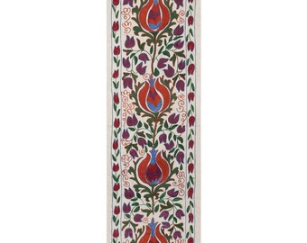 Hand Embroidered Table Runner, Tulip Design Uzbek Silk Suzani, Runner Table Cloth, Silk Table Cover, Silk Wall Decor, 46x178 cm
