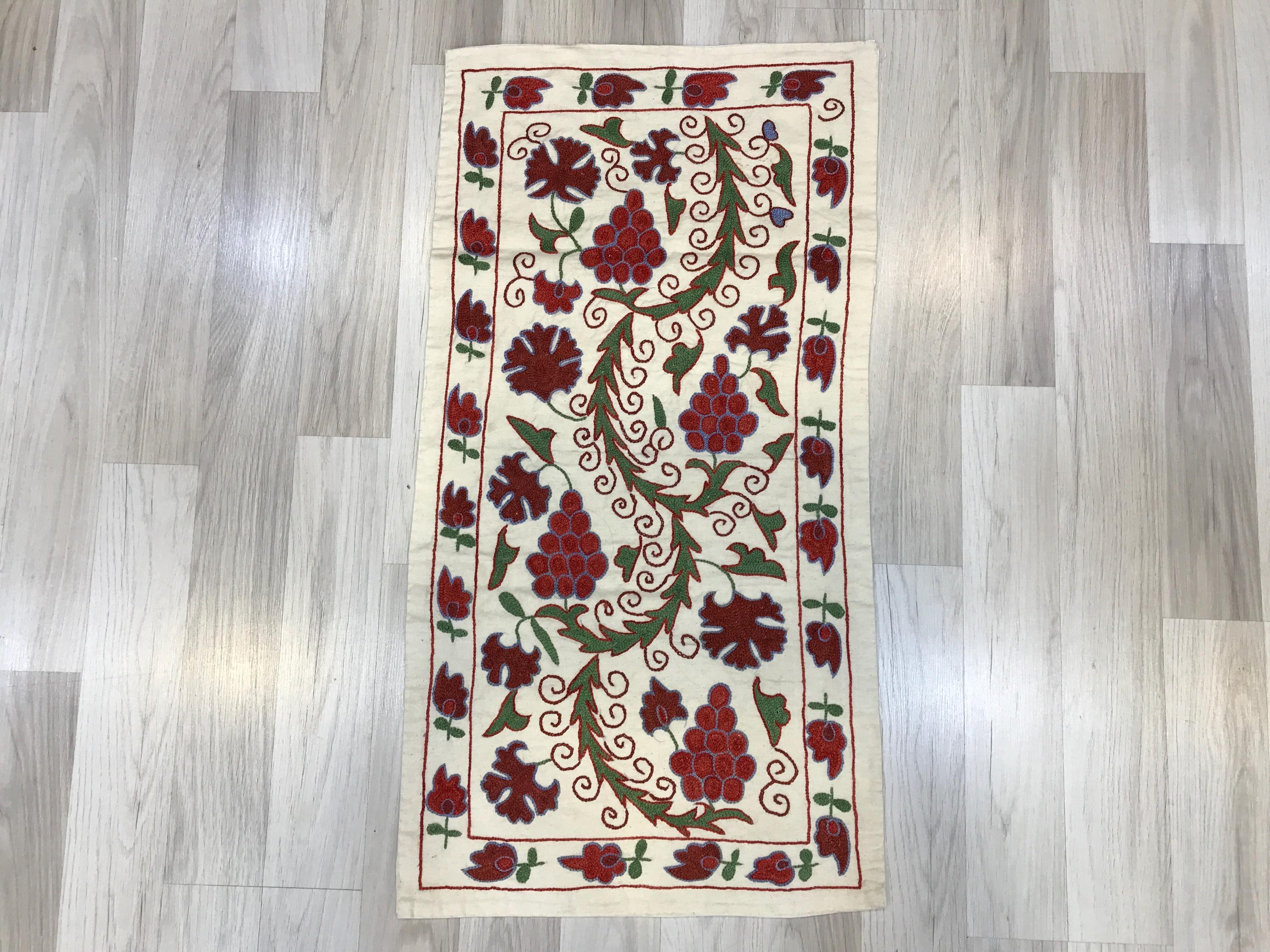 Grapes Suzani Table Runner: Hand Embroidered Uzbek Silk Wall Decor