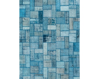 Blue gray turkish PATCHWORK wool rug