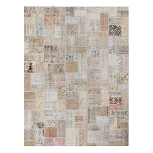 8x10 Beige Patchwork Rug: Overdyed Turkish Wool, Vintage Style