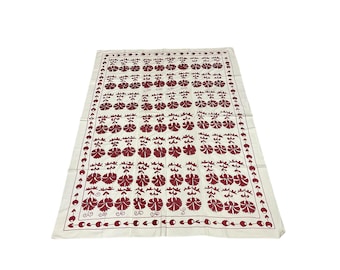 Handmade Red Floral Suzani Tablecloth, Uzbek Embroidered Silk Wall Hanging
