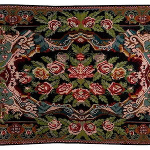 Black Floral wool area kilim rug,Flat weave caucasian rose kilim rug 12x8 ft,beautiful rug that is suitable for both walls and floor