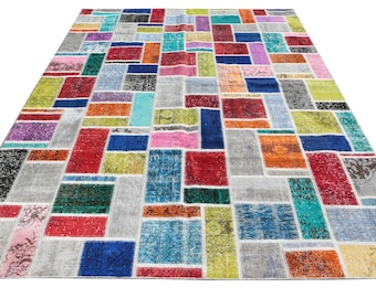 Turkish Vintage Wool Patchwork Area Rug With Multy Color