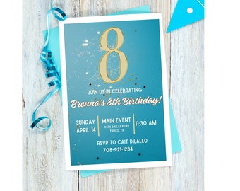 Editable azul 8vo cumpleaños invitación fiesta de cumpleaños brillante invitar a la niña octavo cumpleaños descarga instantánea digital