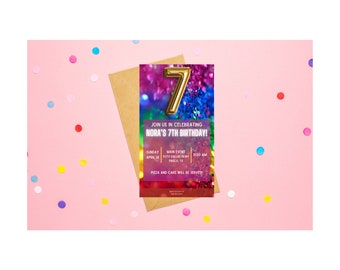 Editable Rainbow Glitter 7th Birthday Invitation Sparkle Birthday Party Invitar a la niña séptimo cumpleaños Descarga instantánea digital