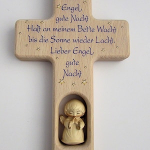 Children's cross birth baptism / guardian angel wood carved / wooden cross / dear angel good night... / name dedication engraving possible image 1