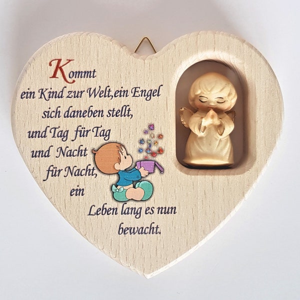 Schutzengel Herz Holz /  Engel Holzgeschnitzt / Namensgravur möglich / Kommt ein Kind zur Welt, ein Engel... / Geschenk zur Geburt / Taufe