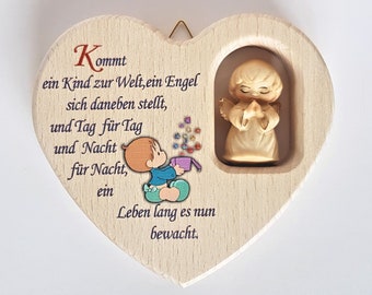 Schutzengel Herz Holz /  Engel Holzgeschnitzt / Namensgravur möglich / Kommt ein Kind zur Welt, ein Engel... / Geschenk zur Geburt / Taufe