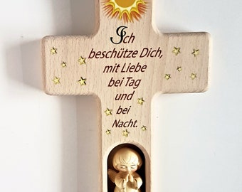 Kinderkreuz / Schutzengel Holzgeschnitzt / Sonne-Mond-Sterne / Ich beschütze Dich... / Geschenk zur Geburt, Taufe / Namensgravur