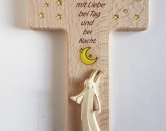 Kinderkreuz / Schutzengel Holzgeschnitzt / Sonne-Mond-Sterne / Ich beschütze Dich... / Geschenk zur Geburt, Taufe / Namensgravur möglich