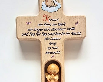 Children's wooden cross / Guardian angel carved in wood / A child is born... / Gift for birth, baptism / Name engraving