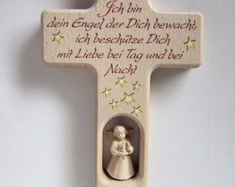 Kinderkreuz Holz Natur / Schutzengel  Kreuz / Spruch: Ich bin dein Engel... / Geburt /Taufe Geschenk /Engel auswählbar