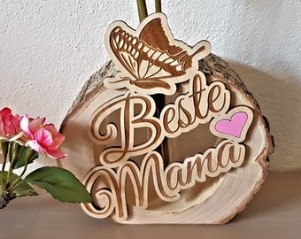 Blumenvase Beste Mama / Baumsscheibe mit Rinde / Holzscheibe inkl. Glas Blumenvase / Natürliche HolzDeko / Muttertagsgeschenk