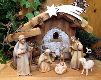 Small crib set / Modern high-quality wooden nativity figures size 8.5 cm incl. Crib stable, wood-carved coloured glazed