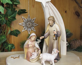 Modern crib 4 pcs. Nativity Figures Set Crib Stable Comet Star Nativity Scene Nativity Scene Wood Carved Colored Glazed