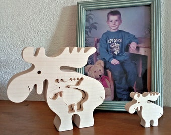 3D Elche Tier Puzzle Holz 3 tlg / Kinderpuzzle / Naturholz Puzzle / Steckspiel / Kinderzimmer Deko
