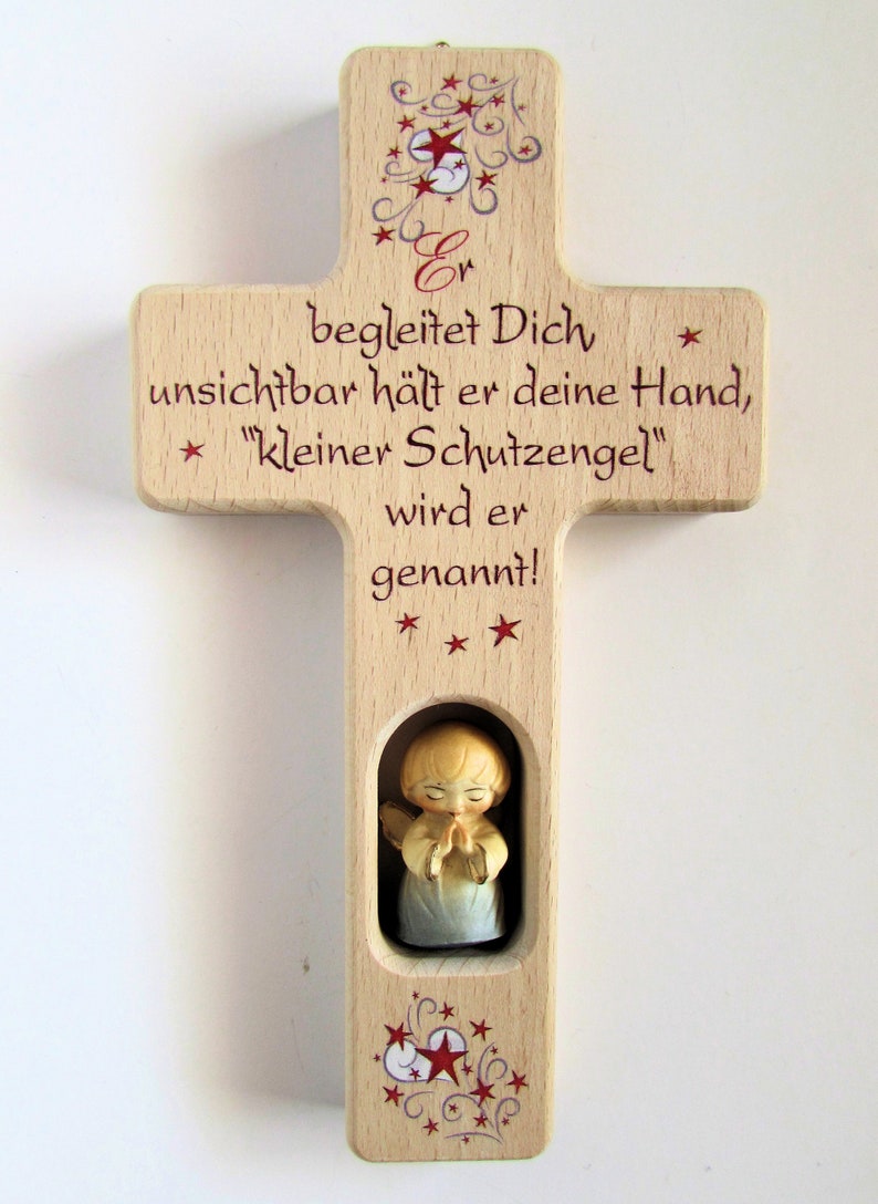 Children's cross / guardian angel carved wood / stars red for girls / saying: He accompanies you... / gift for birth, baptism / name engraving blau