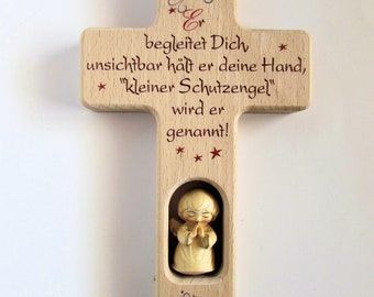 Kinderkreuz / Schutzengel Holzgeschnitzt / Sterne Rot für Mädchen /Spruch: Er begleitet Dich... / Geschenk zur Geburt, Taufe / Namengravur