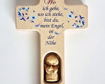 Kinderkreuz mit Schutzengel Holz / Holzkreuz / Spruch: Wo ich gehe, wo ich stehe... / Geschenk zur Geburt, Taufe / Namengravur möglich