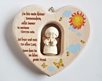 Guardian angel heart wood / angel wood carved / name engraving possible / you are my little sunshine .. / gift for birth / baptism