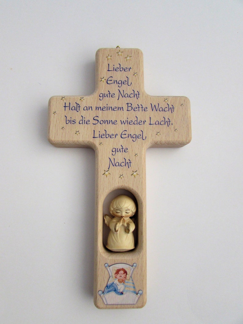 Children's cross birth baptism / guardian angel wood carved / wooden cross / dear angel good night... / name dedication engraving possible image 1