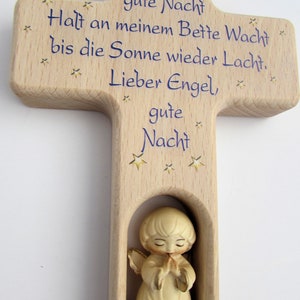 Children's cross birth baptism / guardian angel wood carved / wooden cross / dear angel good night... / name dedication engraving possible image 3