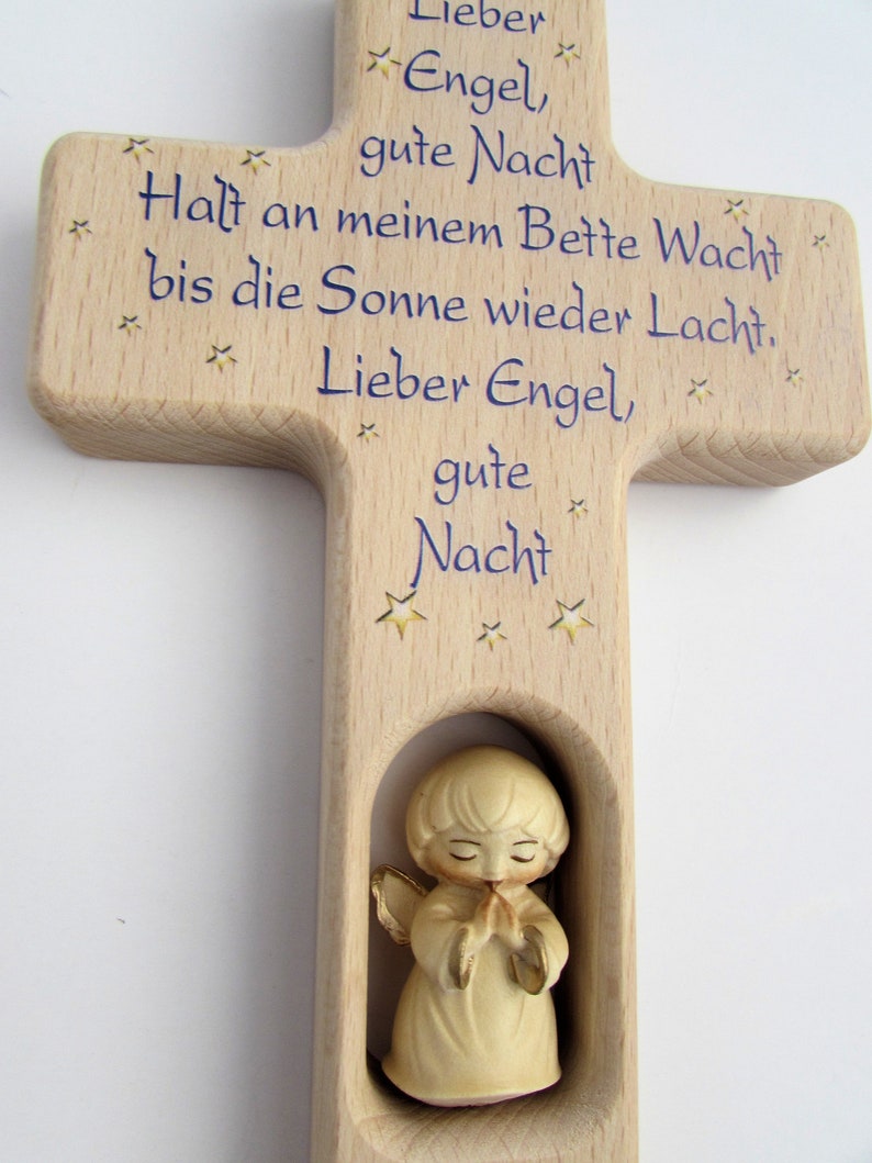 Children's cross birth baptism / guardian angel wood carved / wooden cross / dear angel good night... / name dedication engraving possible image 3