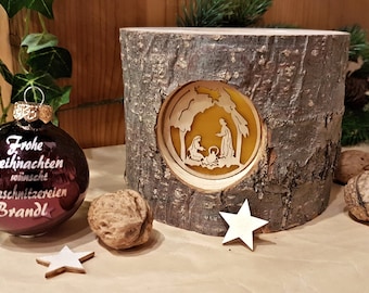 Tealight holder with Christmas motifs / bark wood - tealight holder / lantern / motifs: Holy family in the manger stable, deer in the forest, candles